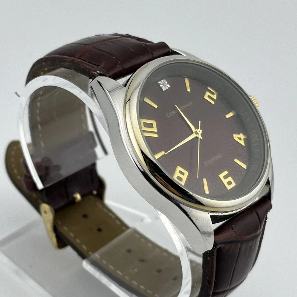 Cerentino Diamond Accent Watch Men 42mm Silver Case Brown Band- New‎ Battery
